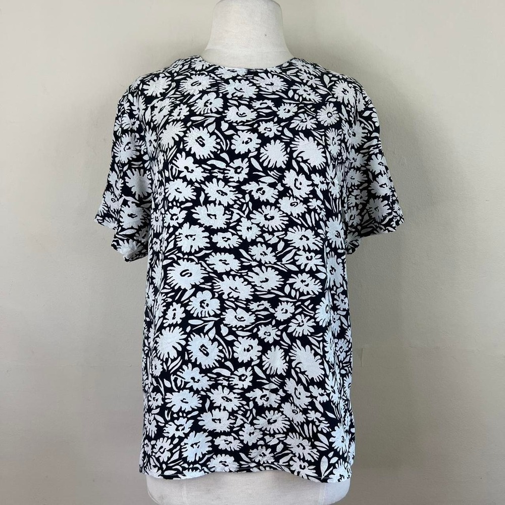 vintage 90s art print silk jacquard shirt daisy top boho secretary chic blouse - Picture 2 of 8